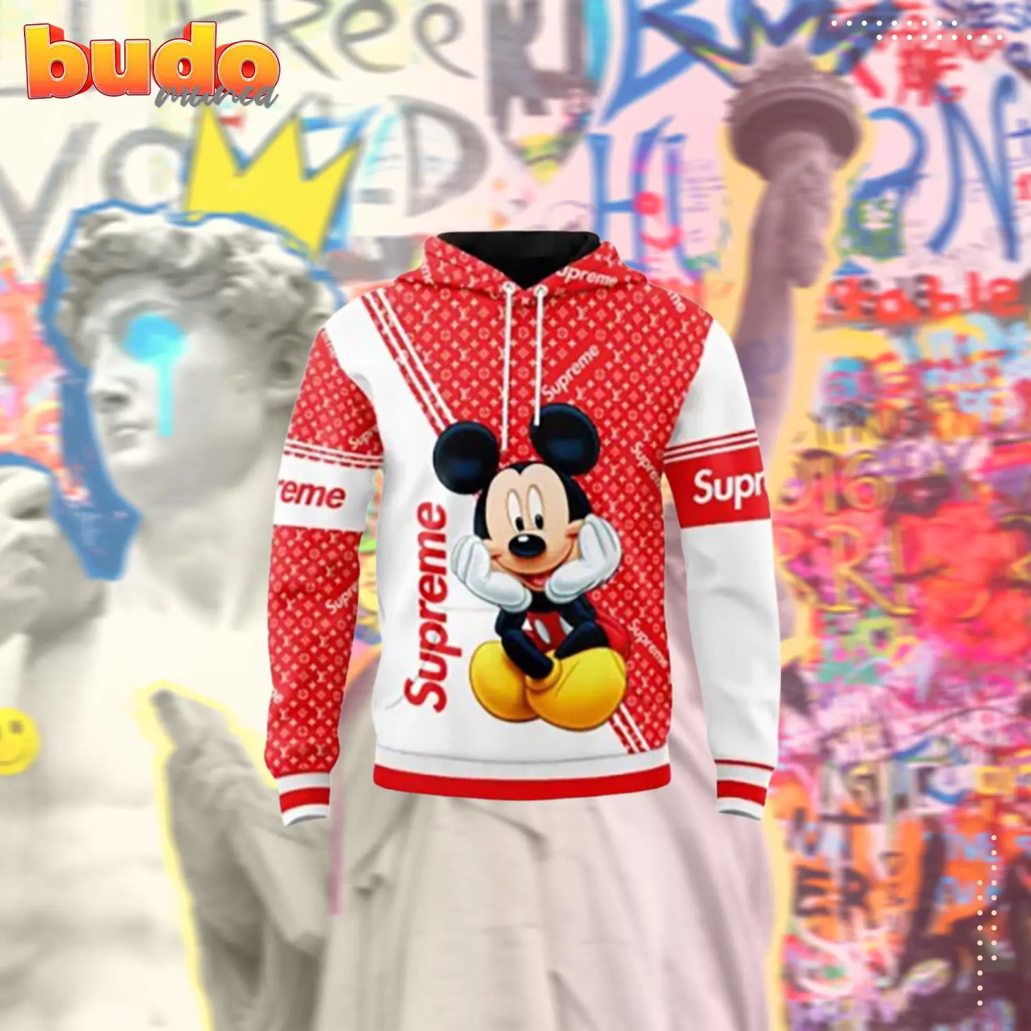 Louis vuitton  supreme mickey mouse red white unisex hoodie outfit for men women luxury brand clothing special gift - hot new